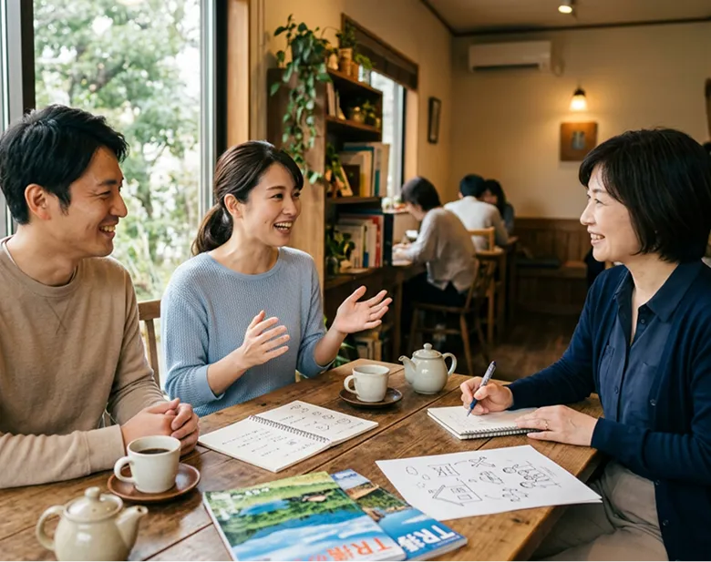 カフェでライフプランの相談をする様子